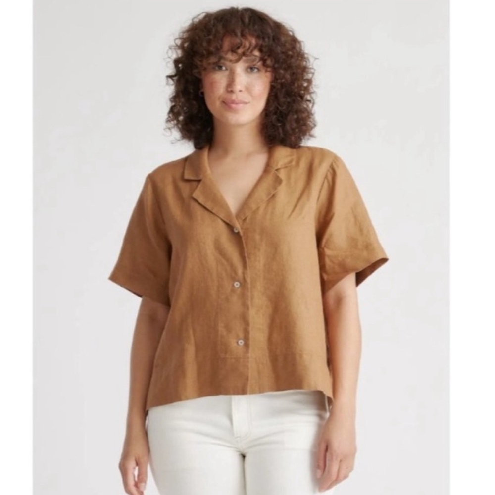 Quince Golden Brown 100% European Linen Short Sleeve Shirt Button Down Boxy M